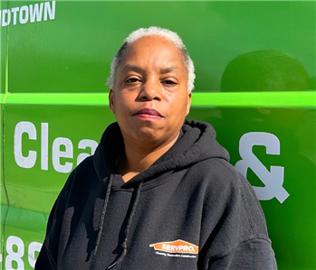 Woman standing in front of green vehicle